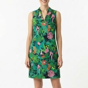 Vilagallo Tropical Jungle Print Sleeveless Cotton Green Shift Dress EU 38 US 4